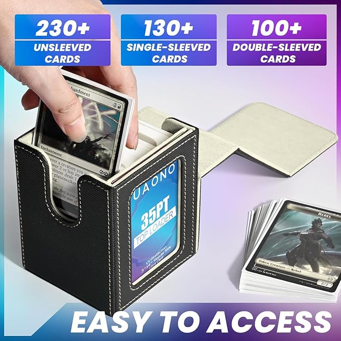 UAONO Card Deck Box with MTG Commander Display, Deck Case Holds 100+ Double-Sleeved Cards, Trading Card Storage Box Fits TCG/PTCG/Sports Card with 2 Dividers, 1 Top Loaders (Black, Gold)