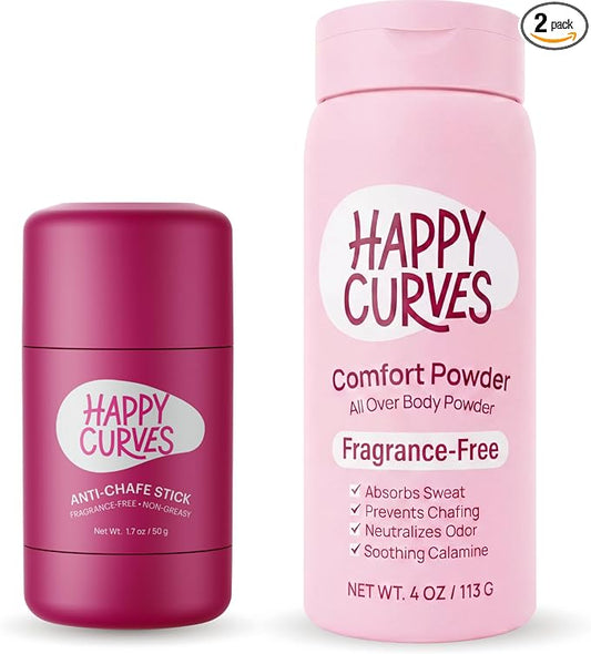 HAPPY CURVES Fragrance-Free Anti-Chafe Stick & Talc-Free Comfort Powder Bundle - Complete Sensitive Skin Chafe & Odor Defense for Women (Fragrance-Free)