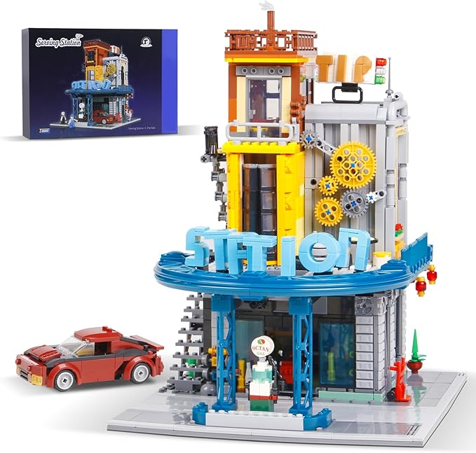 1859PCS City Serving Station Mini Building Blocks Toys not Compatible with Lego citys Size,Creative Street and Cars View Architecture Building Sets,Perfect Choice for 14+ Boys, Girls or Adults
