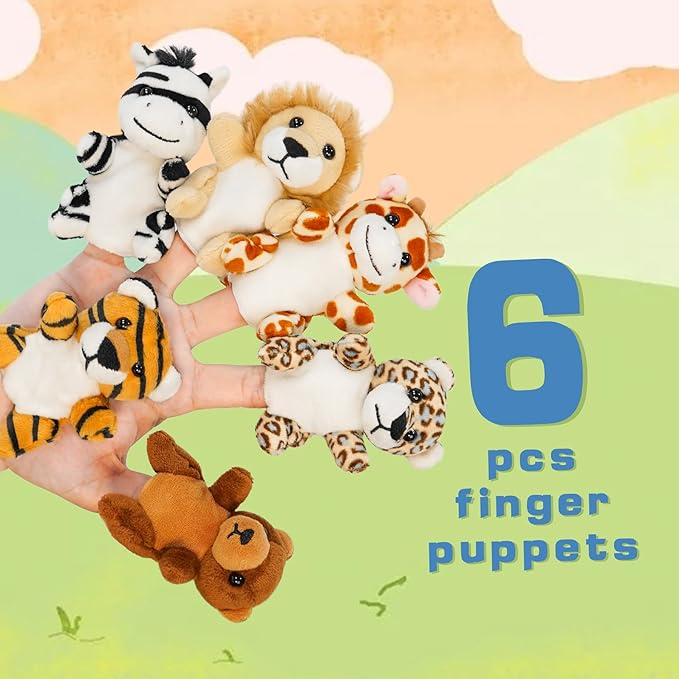 Jungle 6pcs Finger Puppets Set, Cute Animal Puppet for Role-Playing Mini Hand Puppets Giraffe Zebra Lion Tiger Brown Bear Leopard (jungle02)