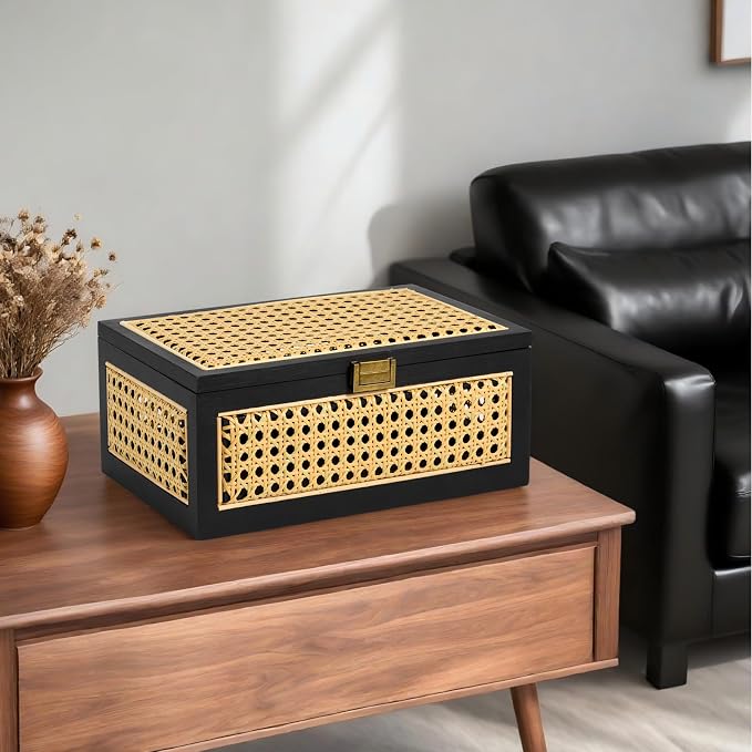 Rattan Storage Boxes Decorative Handmade Natural Wood Baskets | with Lid & Wooden Frame, Boho Rustic Wicker Stacking Woven Cane Bins, Shelf Closet Desk Organizer Container, Black, Large