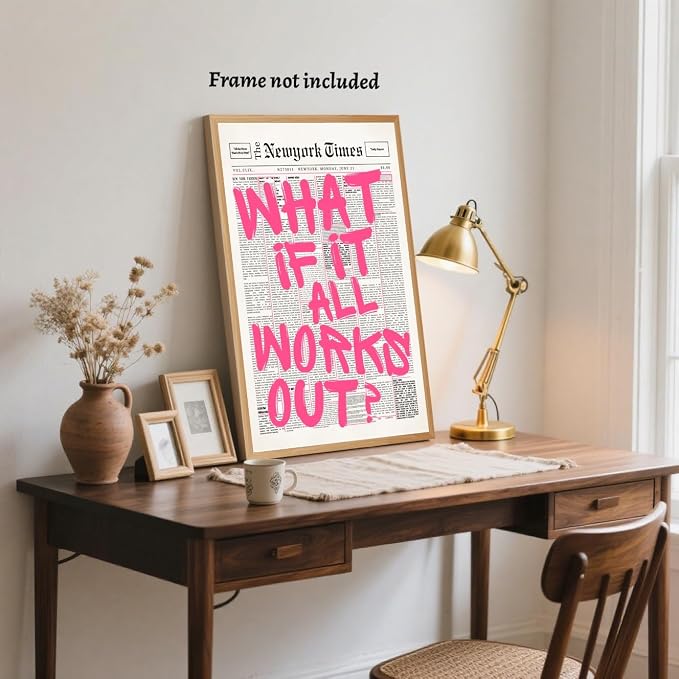 LEKDRA What If It All Works Out Poster Retro Newspaper Pink Wall Art Positive Affirmation Quote Minimalist Canvas Painting Prints Wall Decor Aesthetic for Home Bedroom Office 8x12inch Unframed