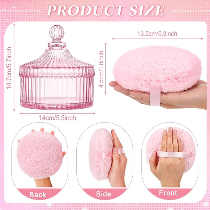Extra Large Body Powder Puff and Container, 5.5'' Crystal Container with 5.3'' Oversize Dust Powder Puff Washable Reusable Face Body Glitter Wet Dry Makeup Gift(Pink)