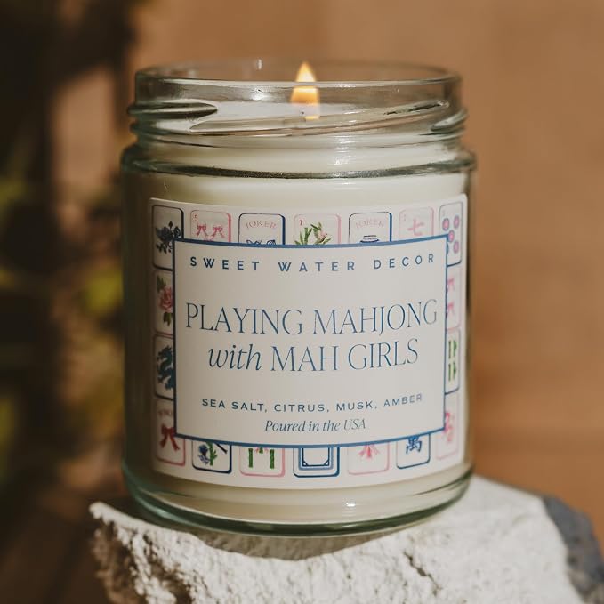Sweet Water Decor Mahjong Candle, Mahjong Gifts for Women, 9oz Jar with Gold Lid, 40 Hour Burn Time, Non-Toxic Soy Wax Candle Scent Notes of Sea Salt, Citrus, Musk & Amber, Unique Game Night Decor
