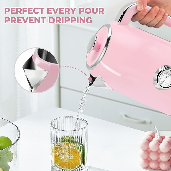 SUSTEAS Electric Kettle - 57oz Hot Tea Water Boiler with Thermometer, 1500W Fast Heating Stainless Steel Pot, Cordless LED Indicator, Auto Shut-Off & Boil Dry Protection, Pink