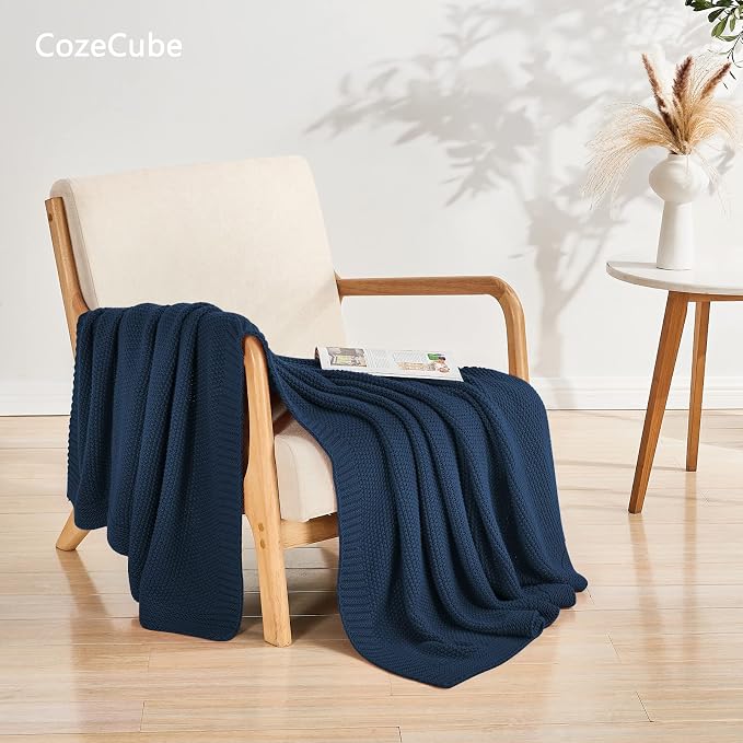 CozeCube Navy Blue Seed Stitch Throw Blanket 50"x60", Farmhouse Decor | Blanket for Couch, Soft Cozy Cable Knit Throw for Bed Sofa Living Room, Lightweight Warm Decorative Christmas Blanket