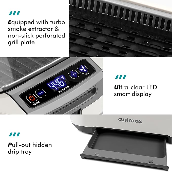 Smokeless Indoor Grill, CUSIMAX Electric Grill 1500W Korean BBQ Grill White | Adjusting Temperature/Smart LED Display/Non-stick Removable Grill Plate/Turbo Smoke Extractor/Tempered Glass Lid/Easy Cleanup