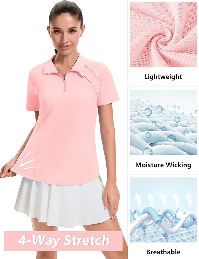 LOMON Womens Golf Polo Shirt Summer Short Sleeve Quarter Zip Outfit | Side-Pockets,Princess Seams,Cotton,Wrinkle Free,Moisture Wicking,Quick-Dry,Lightweight,Collared,for Tennis Workout