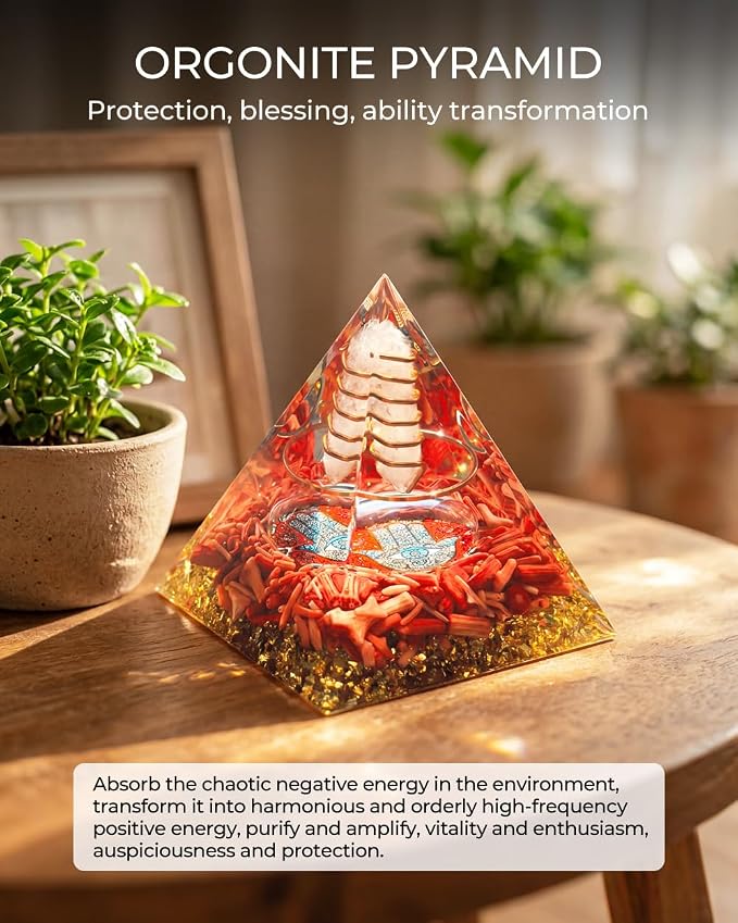Hand of Fatima - Orgone Pyramid with Healing Crystals - Energy Generator for Positive Vibe, Stress Relief & Chakra Reiki Meditation - Pyramid Decor - Spiritual Gift for Success, Wealth & Prosperity