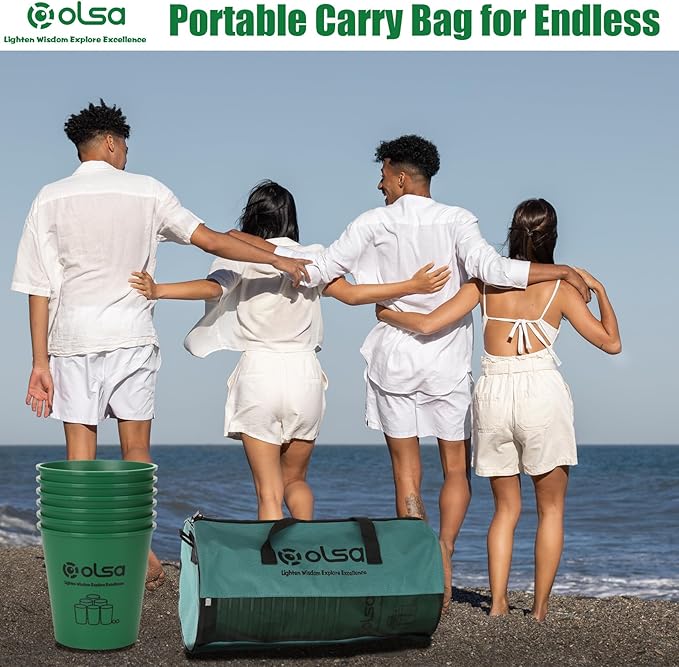 Olsa Yard Pong Outdoor Games, Giant Yard Pong Yard Game with 12 Buckets, Balls, Strength Carrying Bag for Backyard Beach Lawn Park Camping, Toss Outdoor Games for Adults and Family(Green)