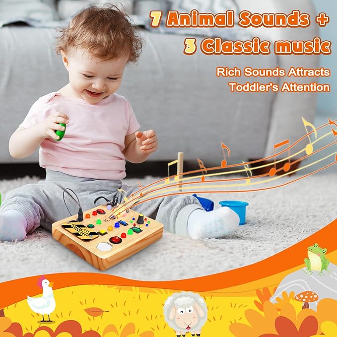 Busy Board with LED Light, Wooden Sensory Toys for Toddler, Montessori Music Toy for Airplane, Travel Activity Educational Learning Autism Toys, Birthday Boys Girls Gifts