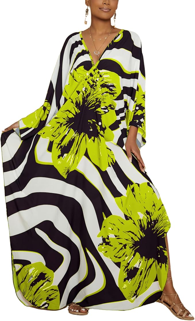 Bsubseach Kaftan Dresses for Women Floral Print Plus Size Beach Cover Up | Lightweight V Neck Loose Fit Boho Dress, Batwing Sleeve Side Slit, Moo Moos for Women Home Loungwear Cruise Resort Wear