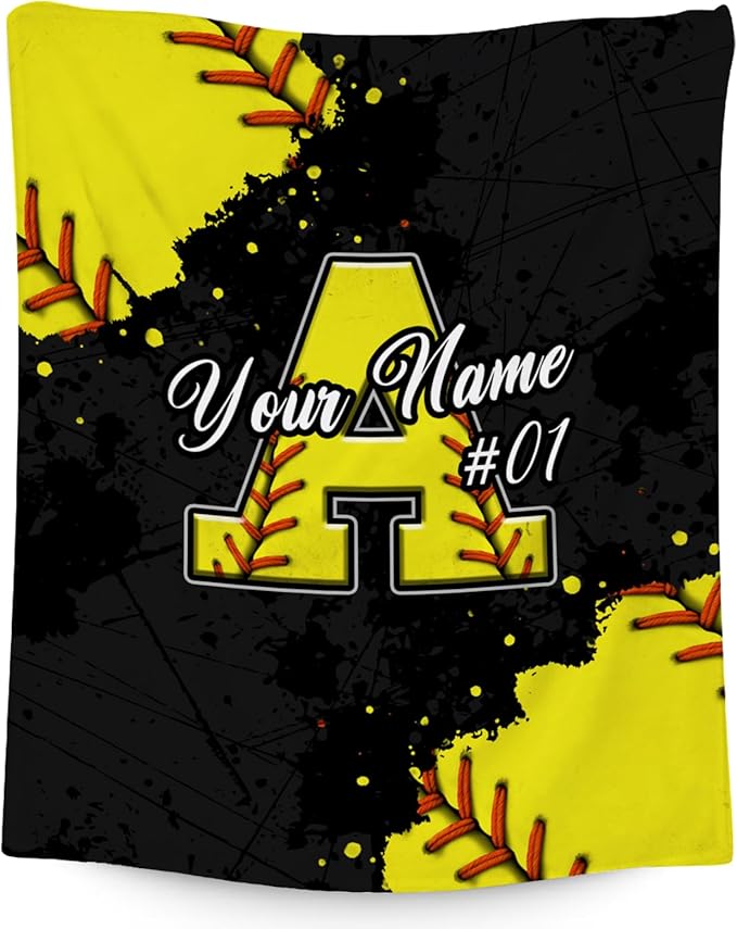 Personalized Softball Blanket - Custom Initial Name Gifts for Girls - Lightweight Soft Sports Throw for Softball Players - 30x40 Inches Chair Blanket Decor Ideas for Kids Daughter