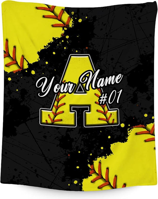 Personalized Softball Blanket - Custom Initial Name Gifts for Girls - Lightweight Soft Sports Throw for Softball Players - 40x50 Inches Small Blanket Decor Ideas for Kids Daughter