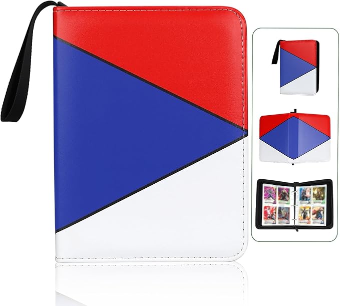 Collectible Trading Card Albums,4 Pocket Card Binder, 400 Double Sided Pocket,PU Premium Zip Trading Card Binder for TCG, MTG,Sports Cards (Red & Blue)