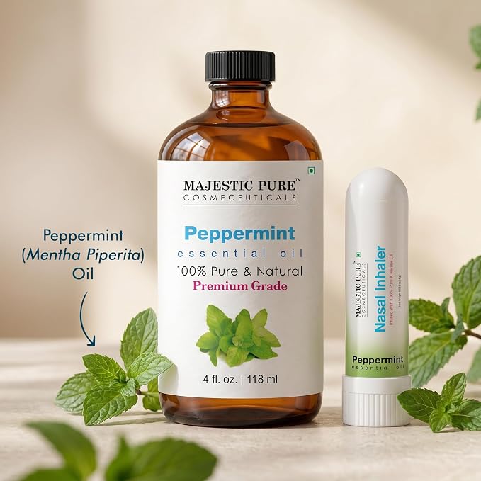 Majestic Pure Peppermint Essential Oil 4 Fl Oz | With Nasal Inhaler