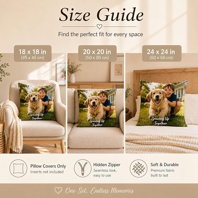 Bemaystar Custom Pillow Set of 4, Personalized Photo Pillow Covers with Picture Text, Made in USA, Custom Gifts for Family Pet Couple, Decorative Throw Pillow Gifts for Birthday Christmas (No Insert)