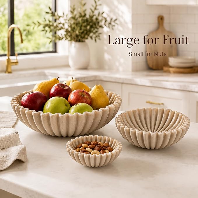 YMXYJM Decorative Bowl Set of 3, Fluted Resin Bowls for Home Decor, Beige | Includes three different sizes (Large, Medium & Small) for versatile use