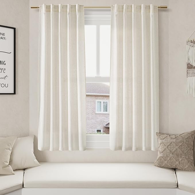 Nanspring Linen Curtains 63 Inch Length 2 Panels Set for Cafe Kitchen Cream Thermal Insulated Drapes with Back Tab Light Filtering Boho Farmhouse Curtain for Bedroom Living Room 40x63 Inch Natural