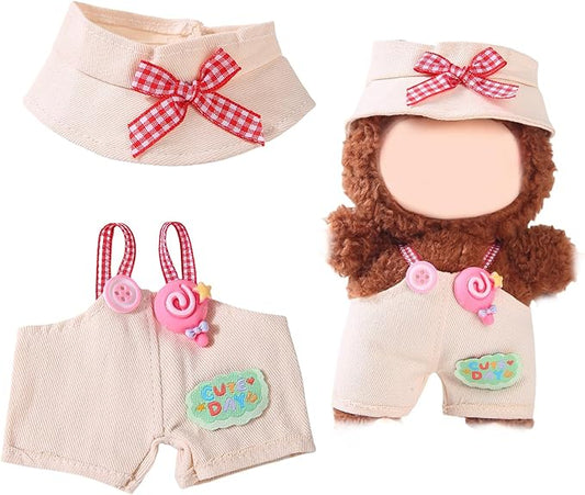 17cm Doll Clothes Set (No Doll) – Outfit with Hat & Overalls, Handmade Accessories for Mini Dolls, OB11-Compatible Dress-Up Gift (Pink Knot)