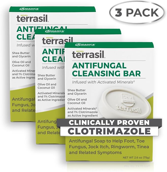 terrasil Antifungal Soap with Clotrimazole| Men & Women| Relieves Yeast Infection, Ringworm, Jock Itch & Athletes Foot Symptoms| Natural, Dermatologist Tested & Hypoallergenic Soap (3-Pack, 75g Each)