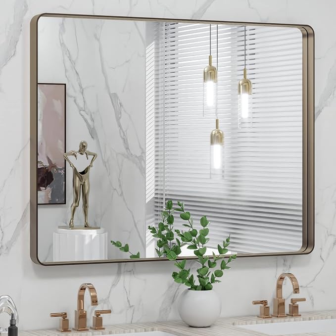 LOAAO 40”X30” Bronze Bathroom Mirrors for Vanity, Rounded Rectangle Brushed Bronze Metal Frame Mirror, Anti-Rust, Tempered Glass, Hangs Horizontally or Vertically | Rounded Rectangle, Brushed Bronze Metal Frame, Anti-Rust, Tempered Glass, Hangs Horizon...