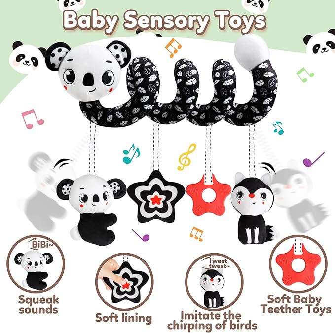 Baby Carseat Toy Black & White Rattle Spiral Hanging Activity Stroller Toy for Newborns Boys and Girls - Koala