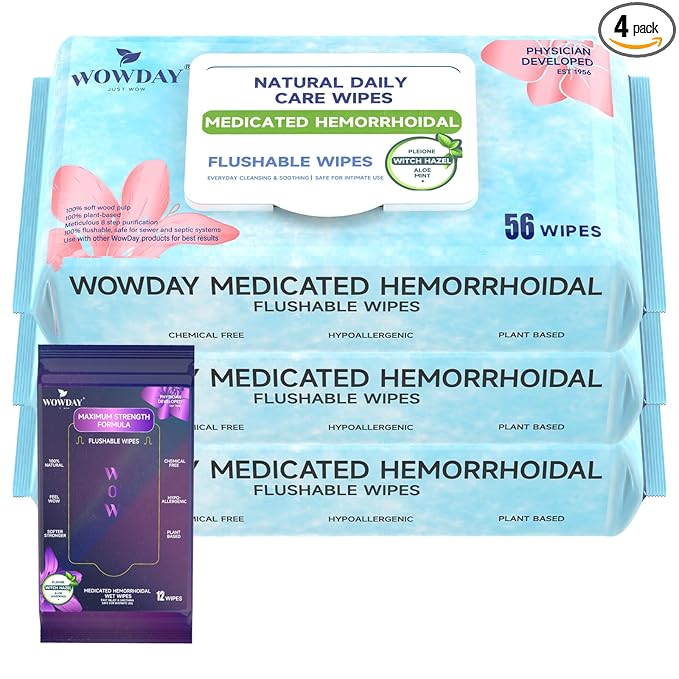 Flushable Hemorrhoid Wipes | Medicated Witch Hazel Wipes Ph Balanced | 180 Count Natural Fragrance Free Adult Hemorrhoids Witch Hazel Wipe for Butt Itch