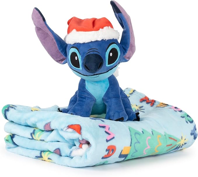 Jay Franco Kids Christmas Hugger Set – 12" Plush Pillow Buddy & 46" x 60" Fleece Throw Blanket, Ultra-Soft Bedding & Travel Set, Holiday Bedroom & Couch Décor, Blue - Stitch