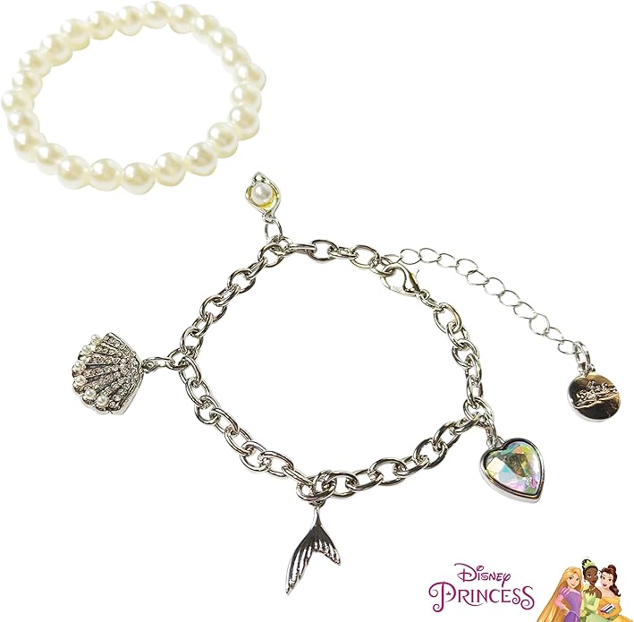 LUV HER Disney The Little Mermaid Bracelet Set for Girls Age 3+ - Pearl & Chain Bracelets with Seashell, Mermaid Tail, Heart Charms - Ideal for Dress-Up & Themed Parties - Adjustable & Layered Style