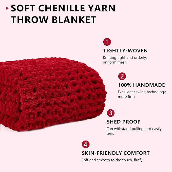 L'AGRATY Chunky Knit Throw Blanket for Couch, 80'' x 90'' Knit Throw, Red | Handmade Chenille Crochet Blanket for Sofa Bed, Thick Cable Knitted Blankets for Room Home Decor, Birthday Gift for Women Mom