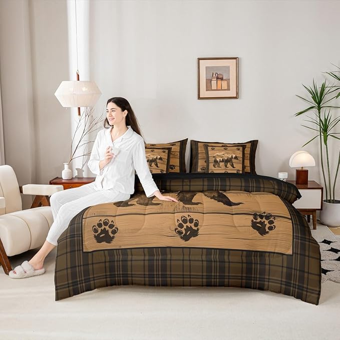 Feelyou Rustic Bear Comforter Set with Sheets Farmhouse Black Bear 7 Piece Bedding Set Full Size for Kids Boys Girls Forest Animal Wildlife Hunting Theme Bed in a Bag