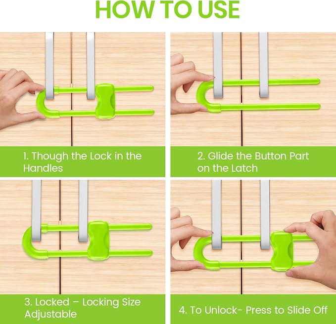 Jetec 10 Pack Baby Cabinet Locks, No Adhesive No Drill Child Safety Locks for Cabinets with Knobs or Handles, Adjustable U-Shaped Child Proof Latches for Cupboards, Fridge, Closet, Pets(Green)