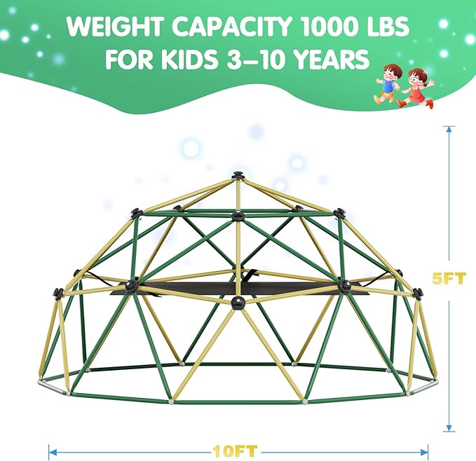 Climbing Dome,10FT Dome Climber with Hammock, Outdoor Jungle Gym for Kids, Supports Jungle Gym up to 1,000 lbs, Rust Resistant, Easy to Assemble, Gift for Kids, Yellow+Blue