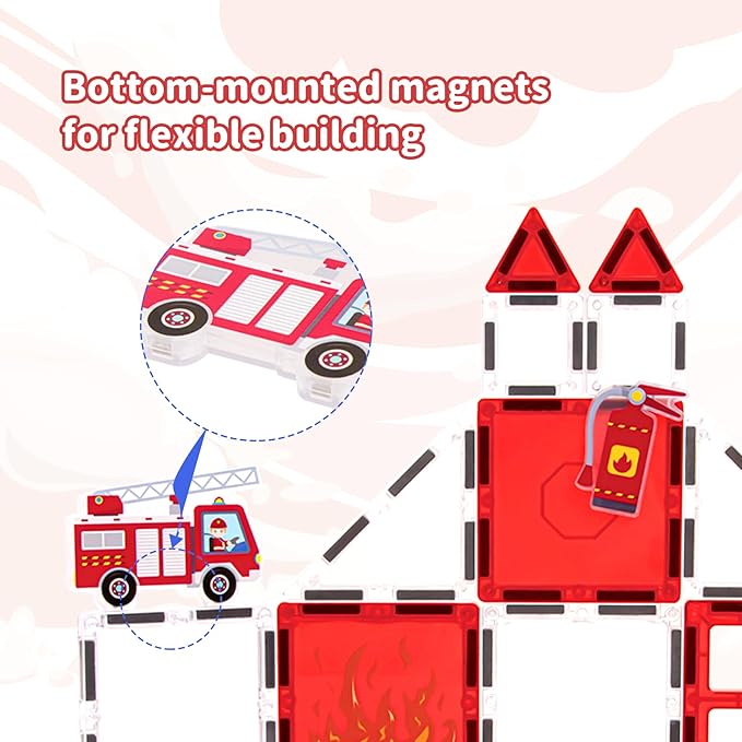 Fire Rescue Magnetic Tiles (48PCS), STEM Building Set with Fire Truck & Firefighter, Preschool Learning Building Set for Ages 3-8, Birthday Gift for Boys & Girls(Extinguisher, Helmet)