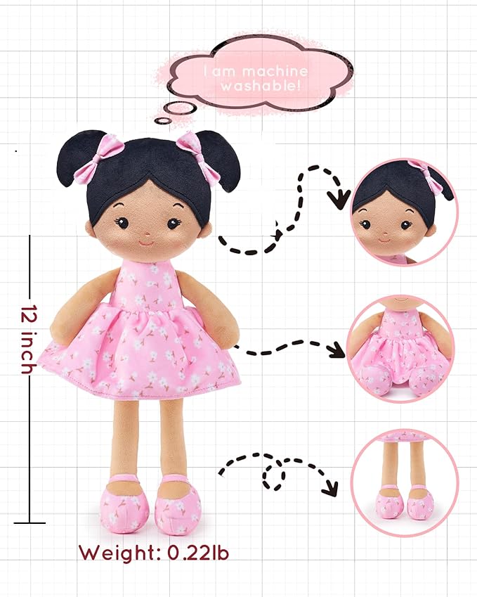 LeyaDoll Soft Baby Doll Toys (12''), My First Baby Rag Doll for 1 Year-Old Girl Birthday Gift,Christmas Plush Toys Gift for Toddler Kids Infants-Florabelle-Girl-Pink-Tanned