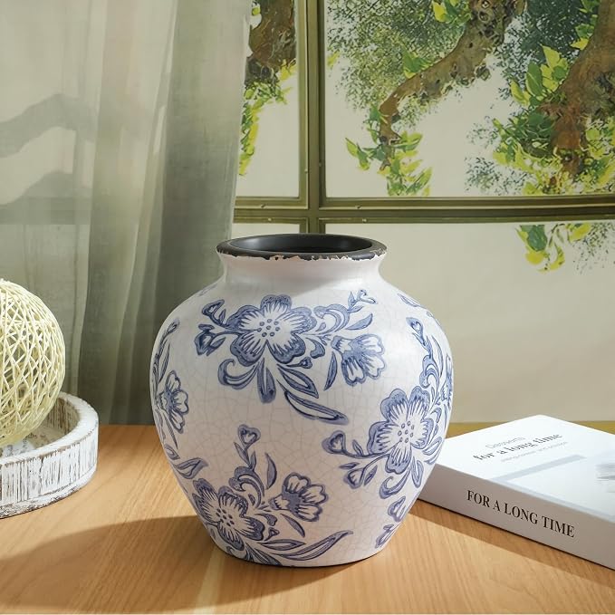 Ceramic Flower Vase Home Decor, 6.2 inch Farmhouse Rustic Vintage Decorative Vases, Pottery Terracotta Boho Flowers Vases for Dining Table, Living Room, Shelf, Kitchen, Bedroom (6.2"-Blue and White)