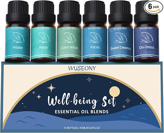 WUSEONY Well-Being Essential Blends Oils Set, Aromatherapy Oils Gift Set for Diffusers Home, Fragrance Oil Scent for Candle Soap Making - Happy, Calm Mind, De-Stress, Relax, Focus, Sweet Dreams
