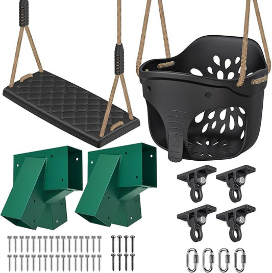 SELEWARE Heavy Duty Swing Set Brackets Kit with 2 Green A-Frame Swing Brackets, 4 Black Swing Hangers & 2 Black Swing Seats, Complete DIY Outdoor Playground Hardware for Backyard, Kids & Toddlers