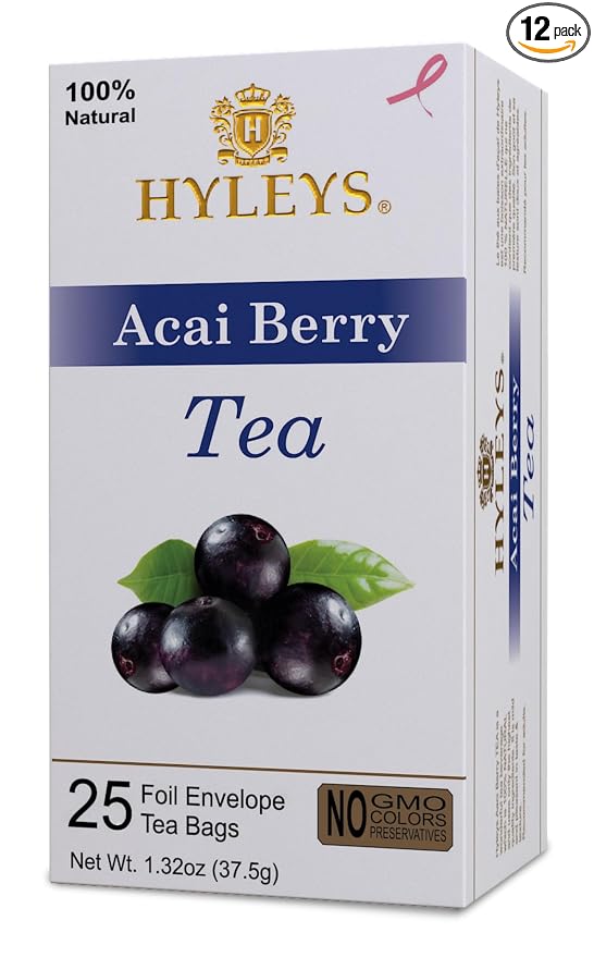 12 Pack Of Hyleys Natural Acai Berry With Green Tea - 25 Tea Bags - (100% Natural, Sugar Free, Gluten Free And Non-GMO)