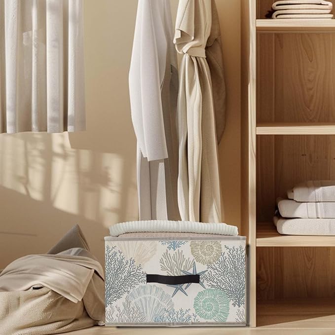 Coastal Beach Storage Bins Basket, Beach Room Decor, Coastal Coral Starfish Seashell Collapsible Fabric Storage Box Organizer Toybox for Bedroom Bathroom Clothes Books Toys
