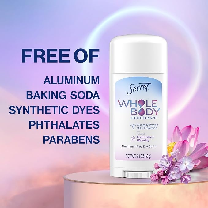 Secret Whole Body Deodorant Stick for Women, Lilac & Waterlily Scent, Aluminum Free Deodorant Stick, 72 HR Odor Protection, 2.4 oz
