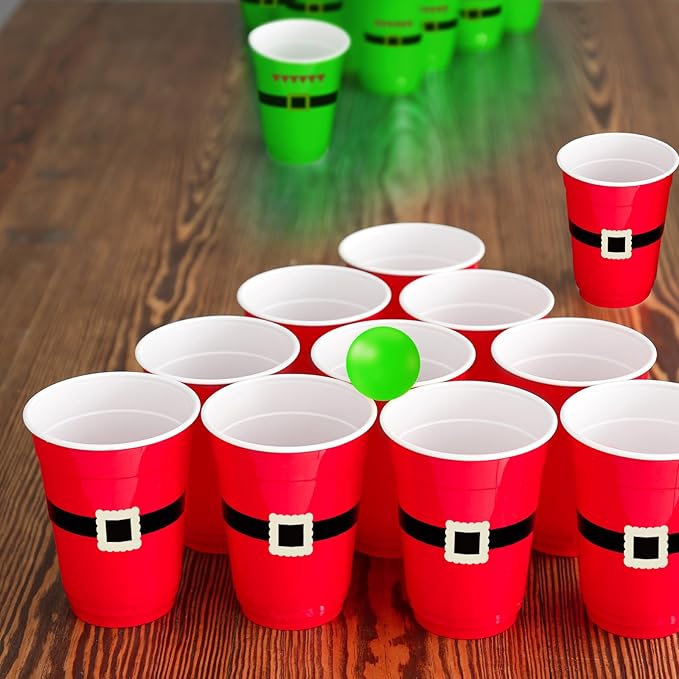 60 PCS Christmas Cup Pong Game Set - 16 Oz Red & Green Plastic Party Cups with 10 Red&Green Balls for Holiday Party Games, Family Gatherings, Christmas Party Supplies