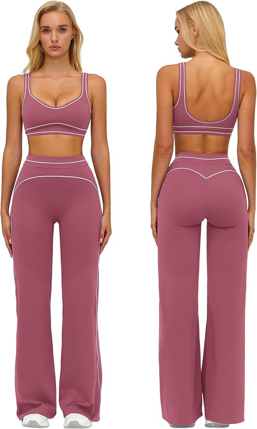 ABOCIW Two Piece Workout Sets for Women Racerback Tank Top Matching High Waist Wide Leg Yoga Pants Pilates Outfits