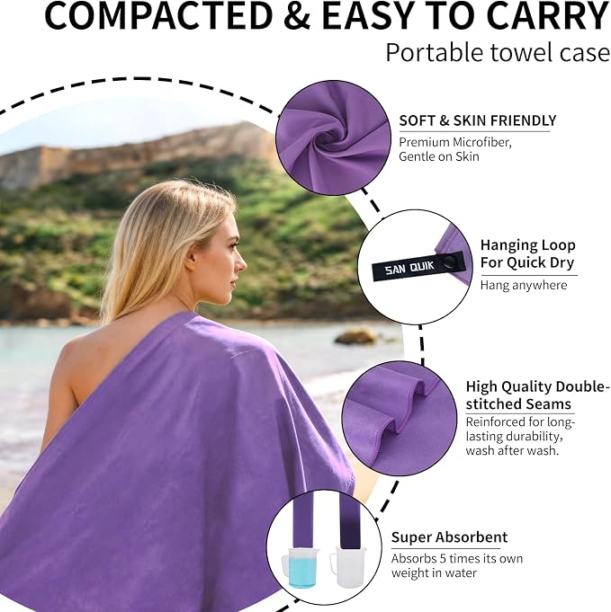 Quick Dry Camping Towel with EVA Case, Microfiber Travel Towel 3 Size at 1 Pack, Super Absorbent Lightweight Fast Drying Towel Set for Beach, Gym, Sports, Backpacking, Yoga & Swimming Pool, Purple