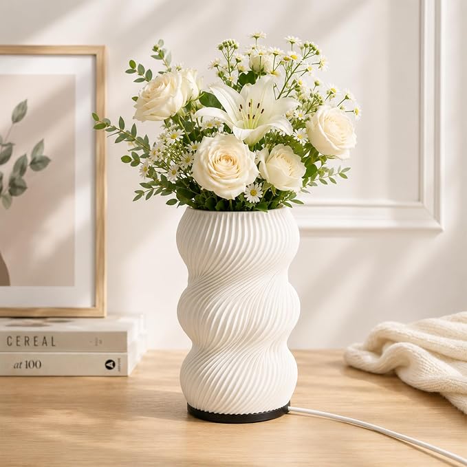 White Vase for Flowers - Small Unique Vase with Lighting 16 Colors for Centerpieces, Modern Vases for Home Decor, Living Room, Bedroom (USB Plug in Corded)