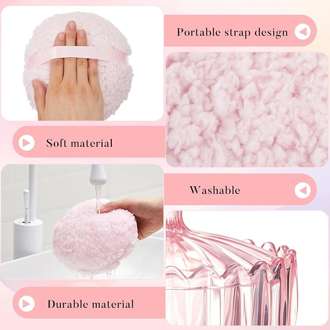 Tioncy 2 Pcs Extra Large Dusting Powder Puff and Container for Women-6'' Glass Crystal Dusting Powder Container Soft Washable Reusable Velour Face(Pink,Scalloped)