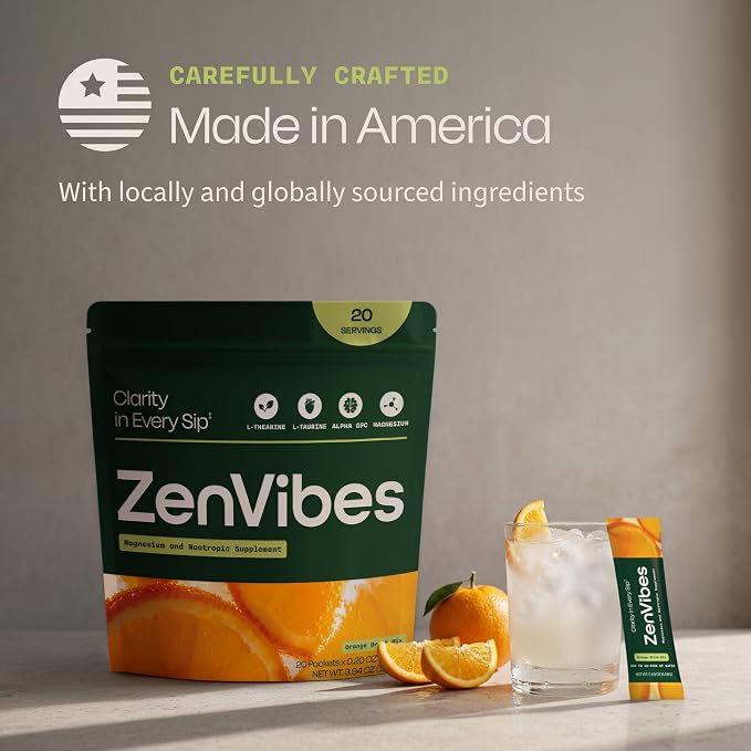 Zen Vibes Magnesium L-Theanine Drink Mix – Orange Calm & Focus Nootropic with Alpha GPC, L-Taurine & Vitamin D3 – Sugar-Free Relaxation Stick Packs, Non-GMO, 20 Servings