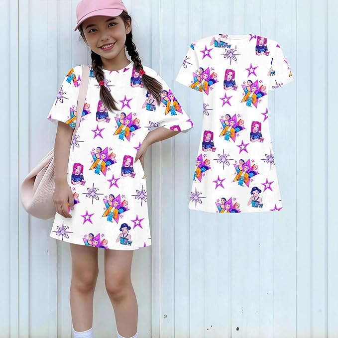 Girl's Anime K-POP Graphic Long Dress T-Shirt - Casual Loose Fit Short Sleeve Top