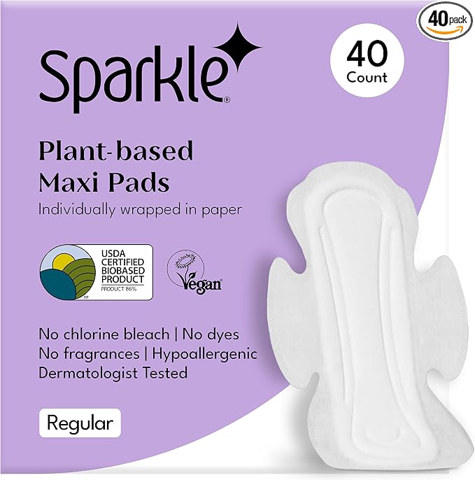 Sparkle Sanitary Pads for Women, Plant-Based Maxi Pads with Wings | Feminine Pads | Organic Pads | Period Pad Softer Than Cotton Pads, Regular Absorbency, Unscented (Regular Pads, 40 Count)